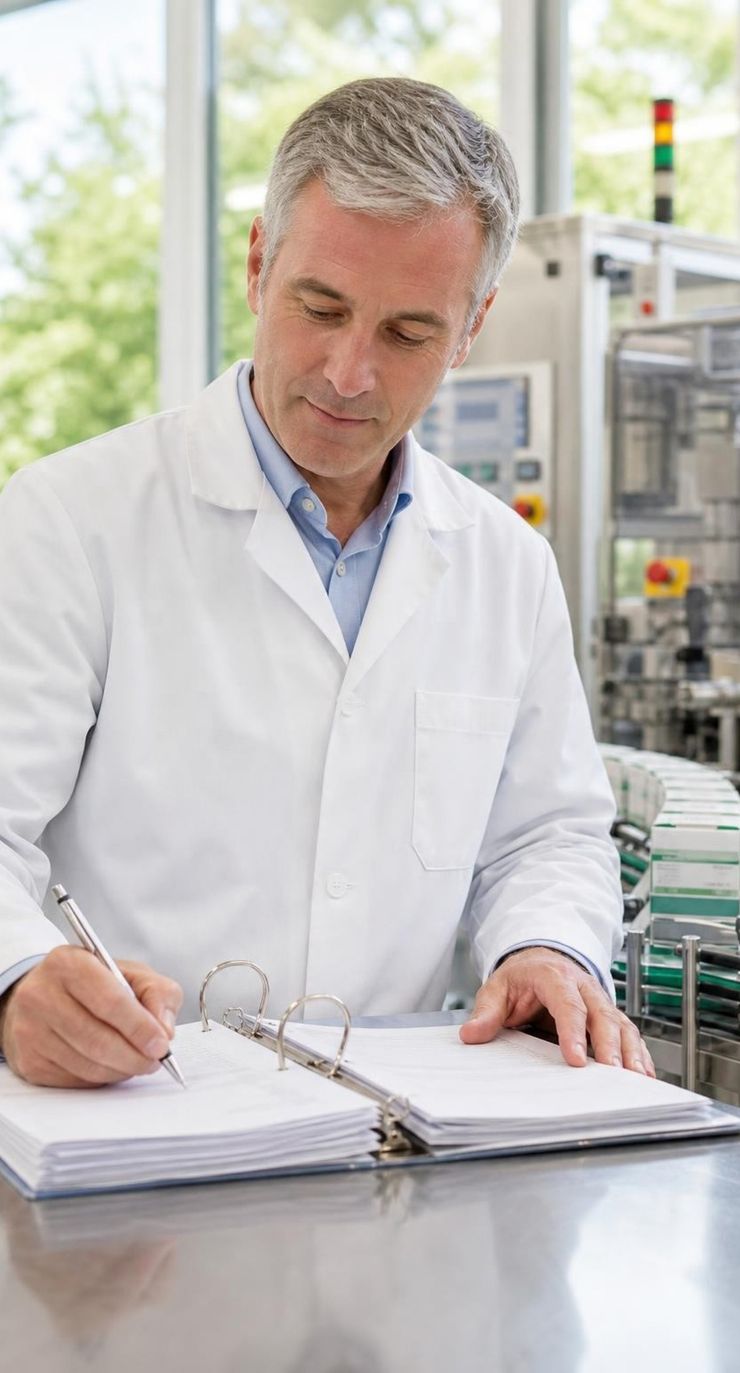 A laboratory professional writing in a binder beside manufacturing equipment